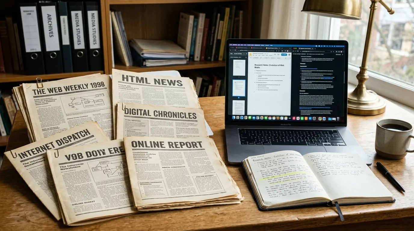 Archived web newsletters beside a modern laptop