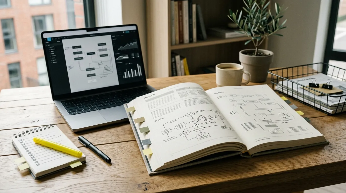 Digital guide workspace with checklist and workflow notes