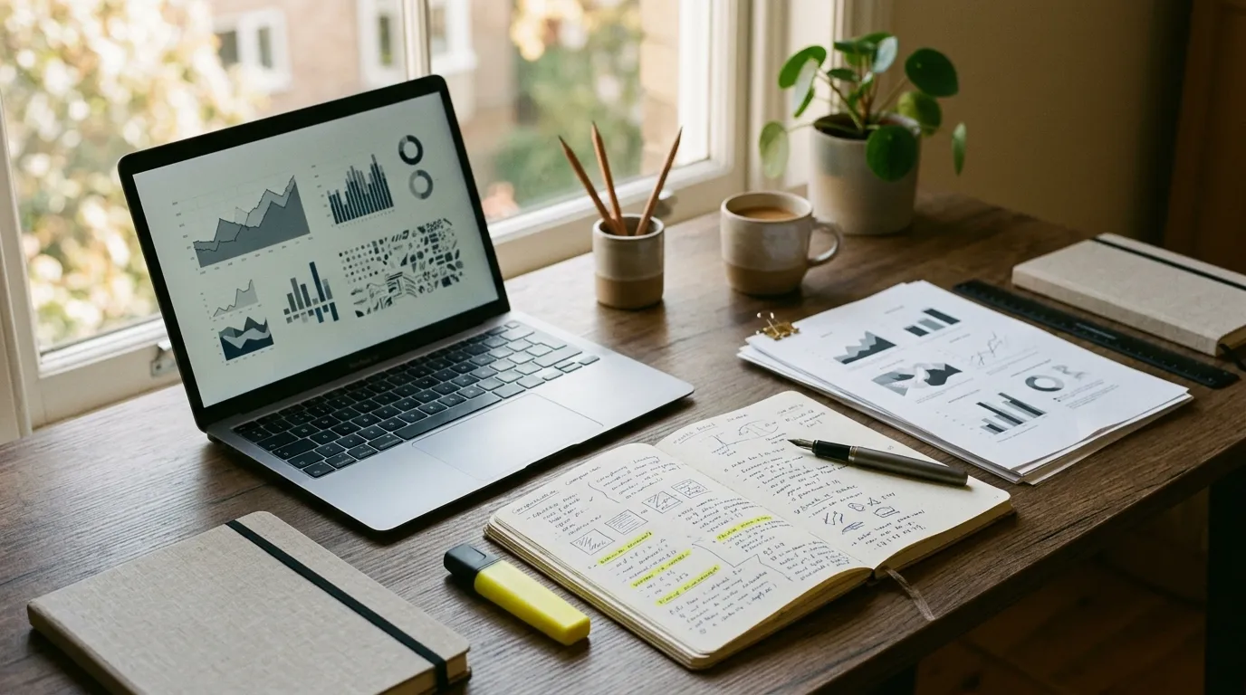 Digital research desk with laptop and comparison notes