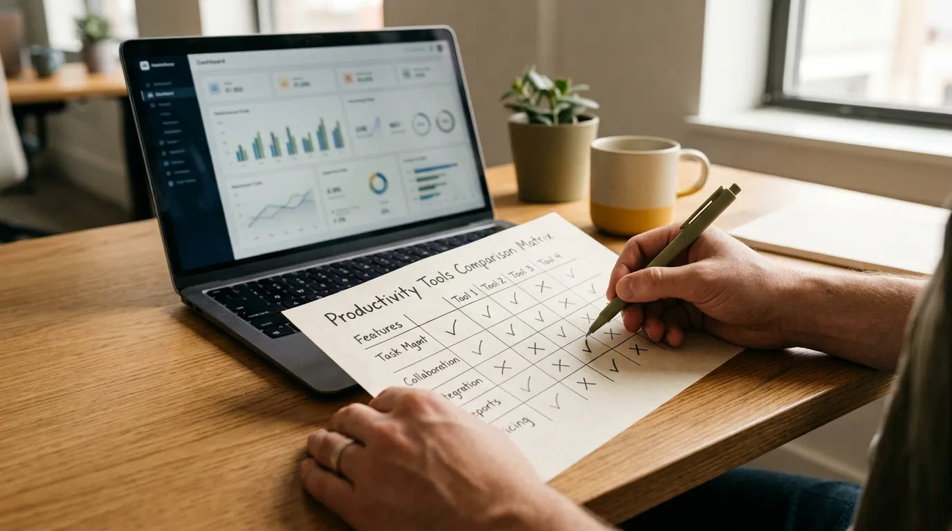 Hands reviewing a software comparison worksheet