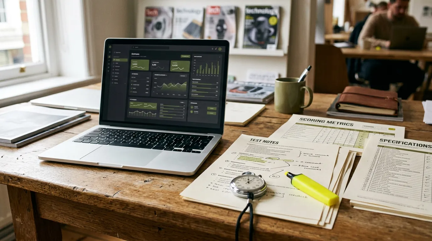 Software review workspace with testing notes and scorecards