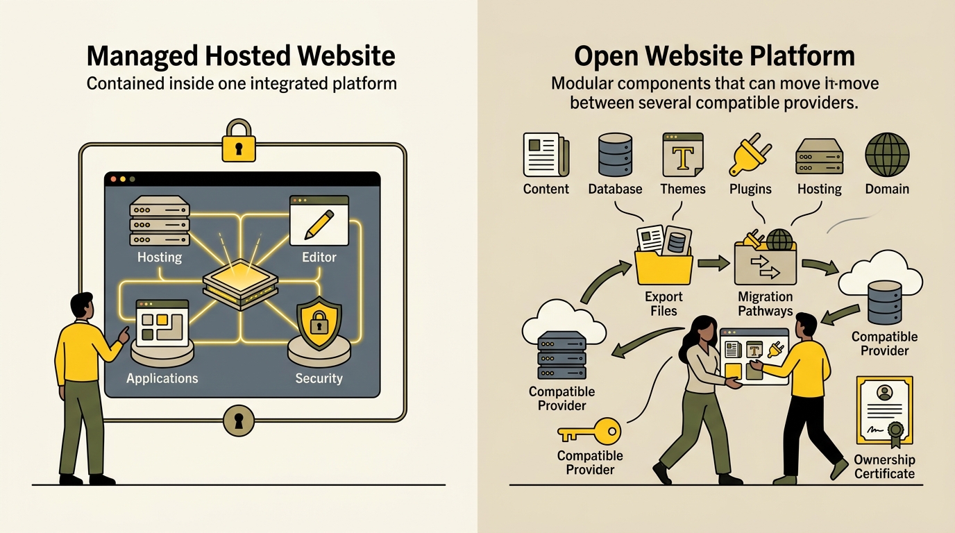 Website ownership and portability on hosted and open platforms